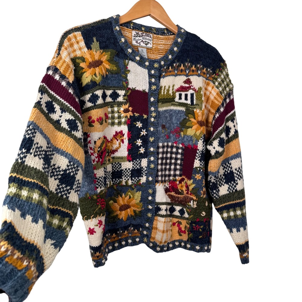 VTG Heirloom Chunky Knit Cardigan Sweater XL Farm Cottage Sunflower Rooster Cozy